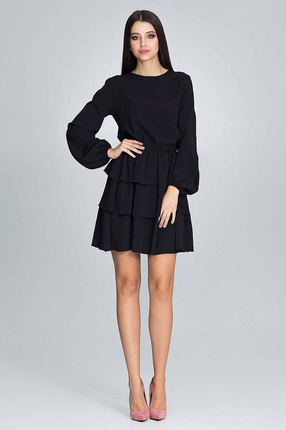 Long-Sleeved Dress with Waist Crease & Ruffles – Flattering and Feminine Statement Piece