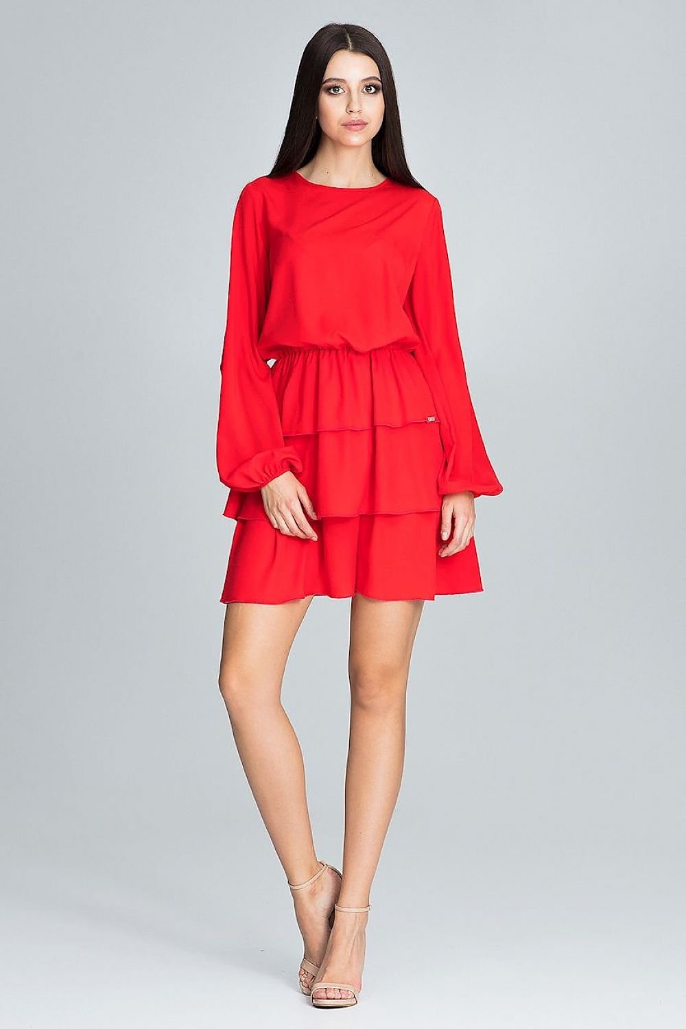 Long-Sleeved Dress with Waist Crease & Ruffles – Flattering and Feminine Statement Piece