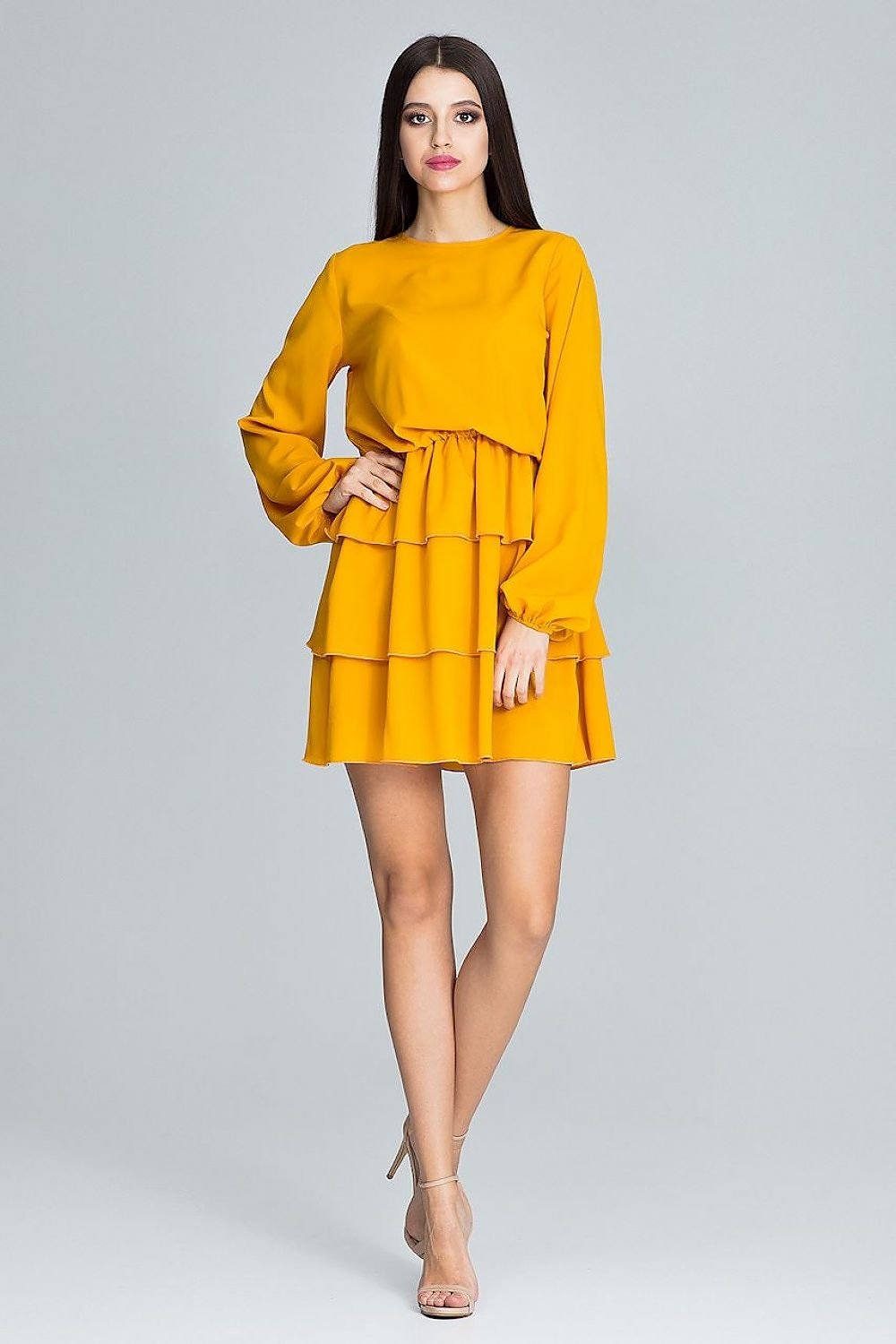 Long-Sleeved Dress with Waist Crease & Ruffles – Flattering and Feminine Statement Piece