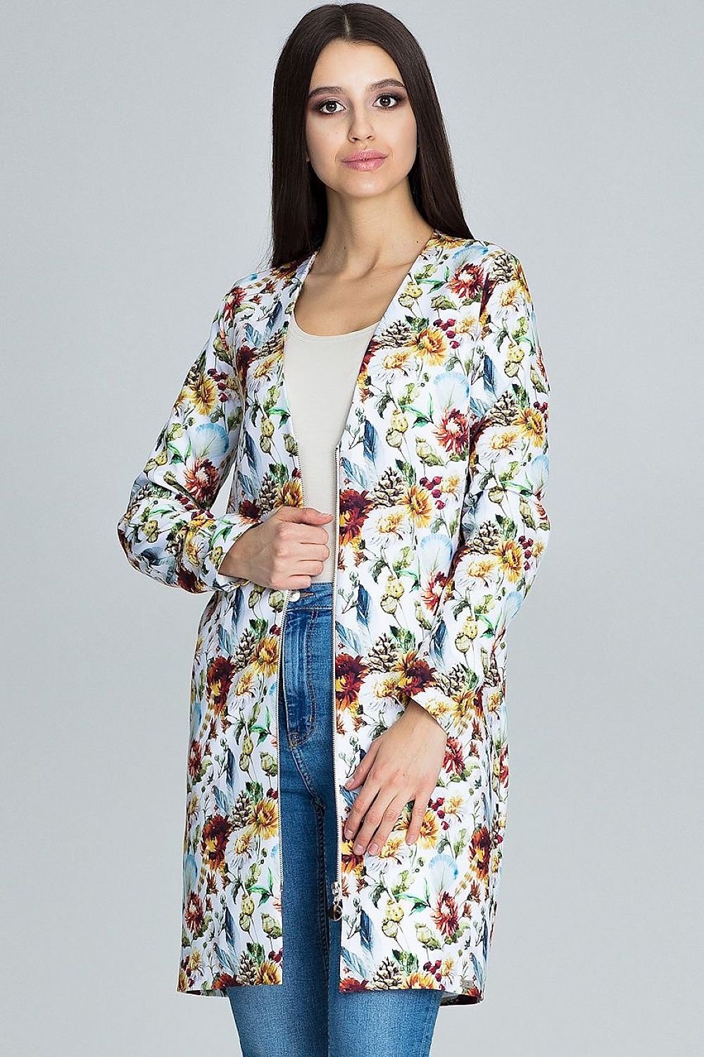 Long Floral Jacket with Decorative Zipper & Pockets – Trendy and Breathable