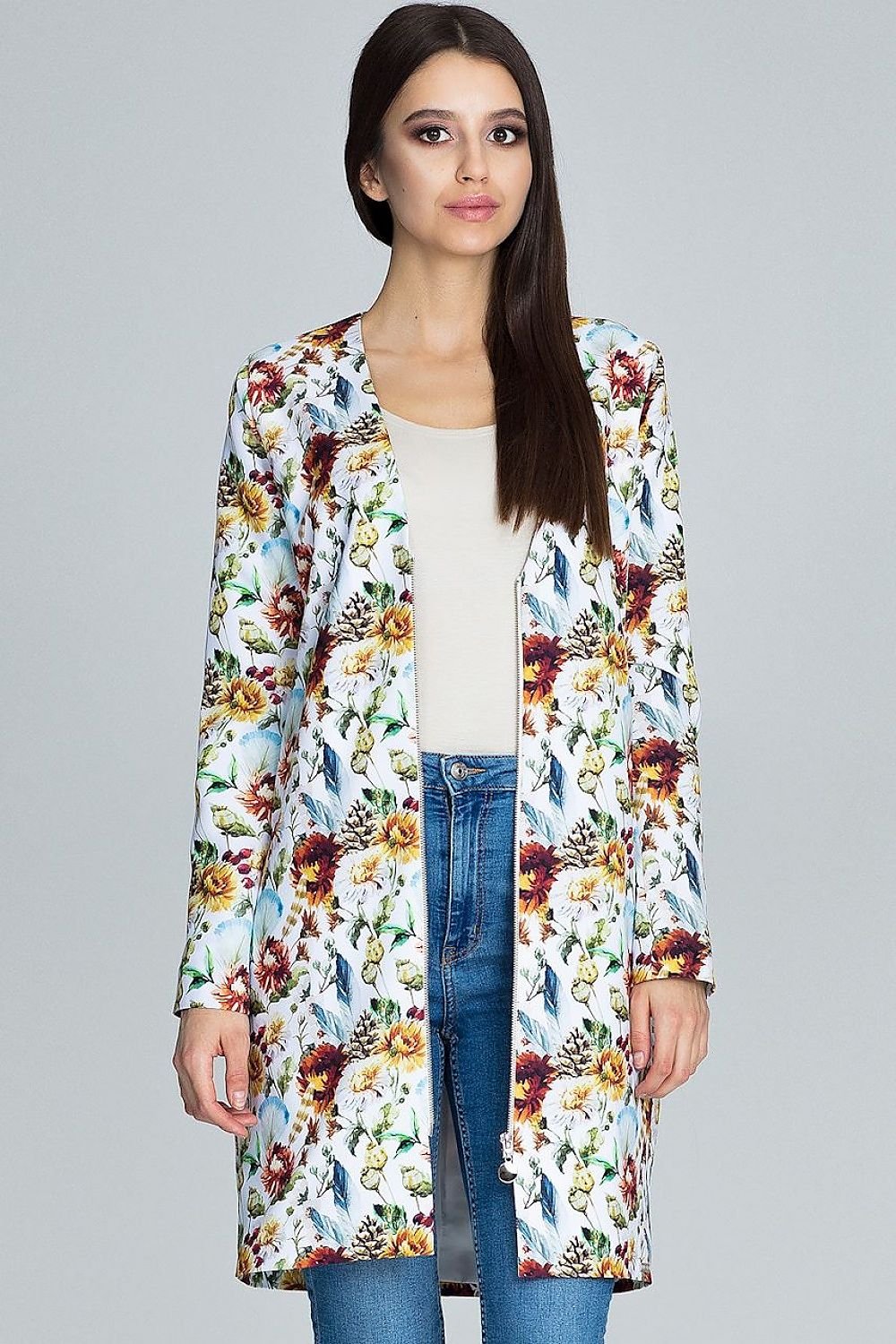 Long Floral Jacket with Decorative Zipper & Pockets – Trendy and Breathable