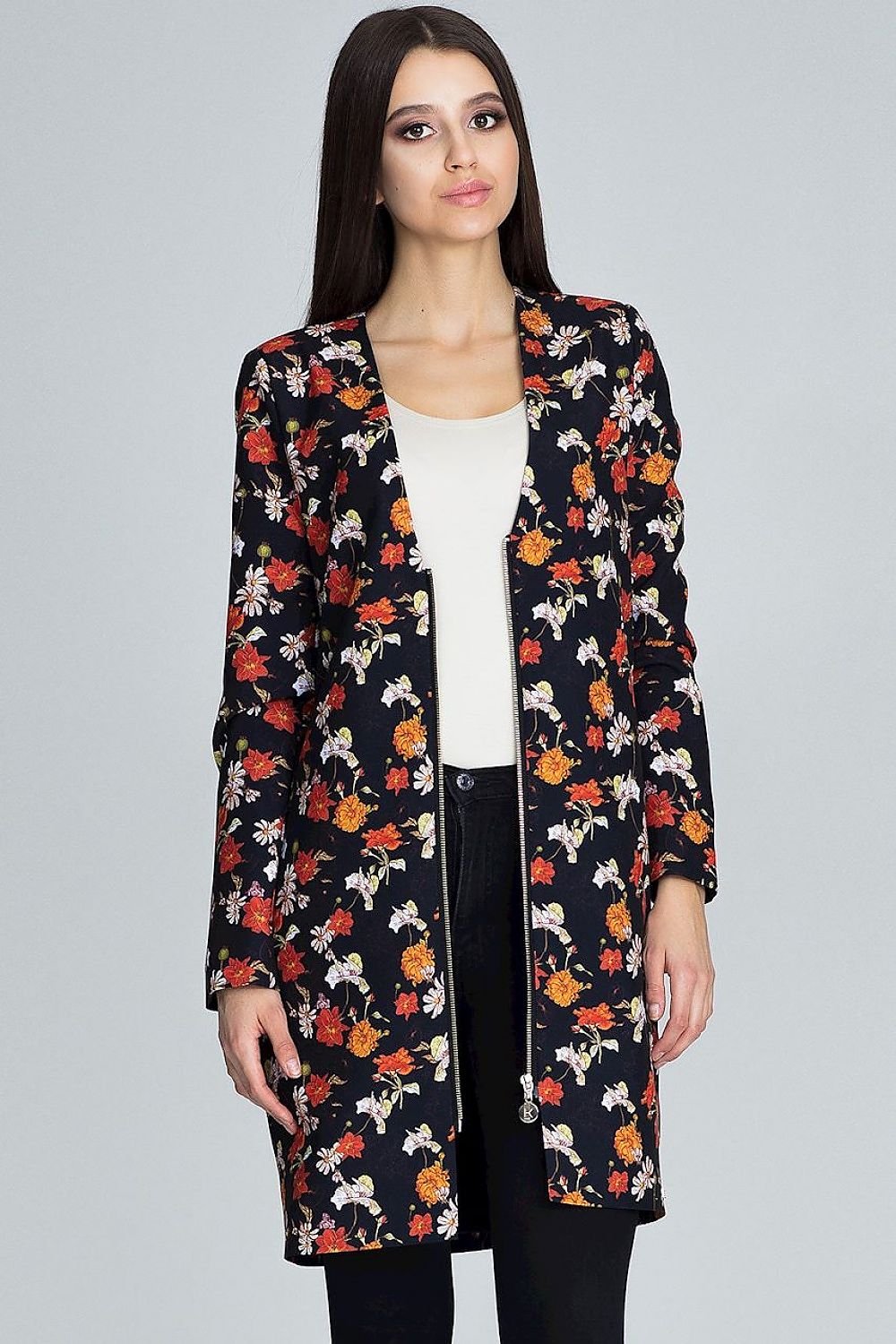 Long Floral Jacket with Decorative Zipper & Pockets – Trendy and Breathable