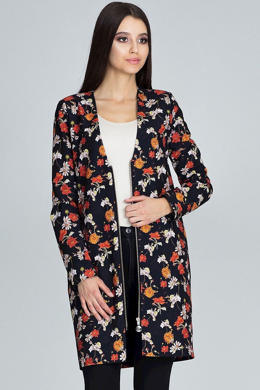 Long Floral Jacket with Decorative Zipper & Pockets – Trendy and Breathable