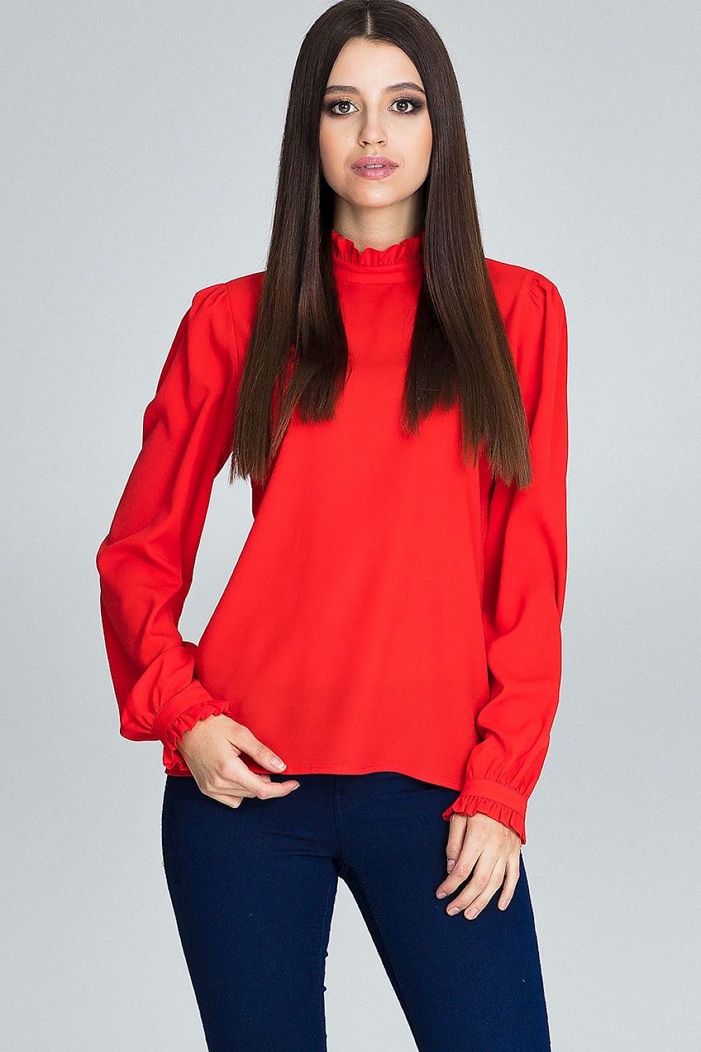 Elegant Blouse with Pleated Long Sleeves & Frill – A Modern Classic