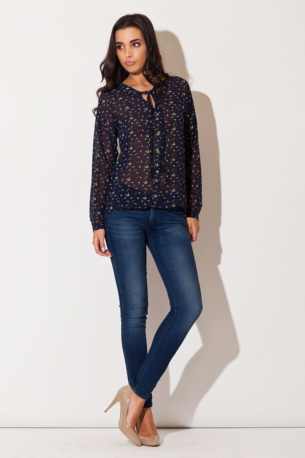 Chic Chiffon Shirt – Tie Neckline, Bird Print, and Delicate Sheer Style