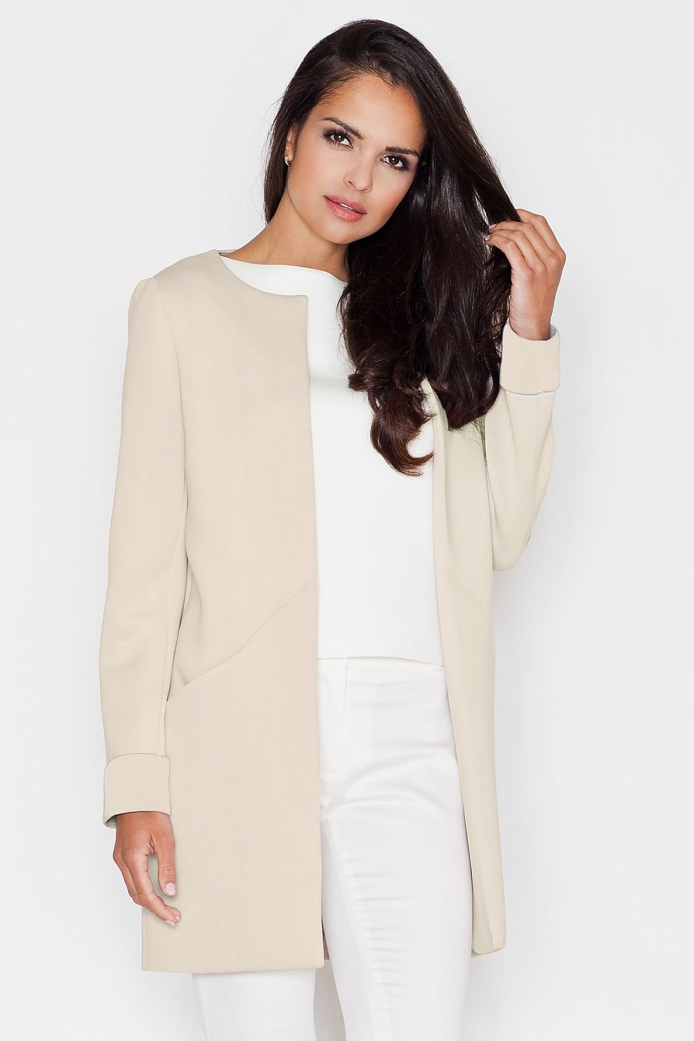 Elegant Unbuttoned Coat with Feminine Cut & Front Pockets by Figl