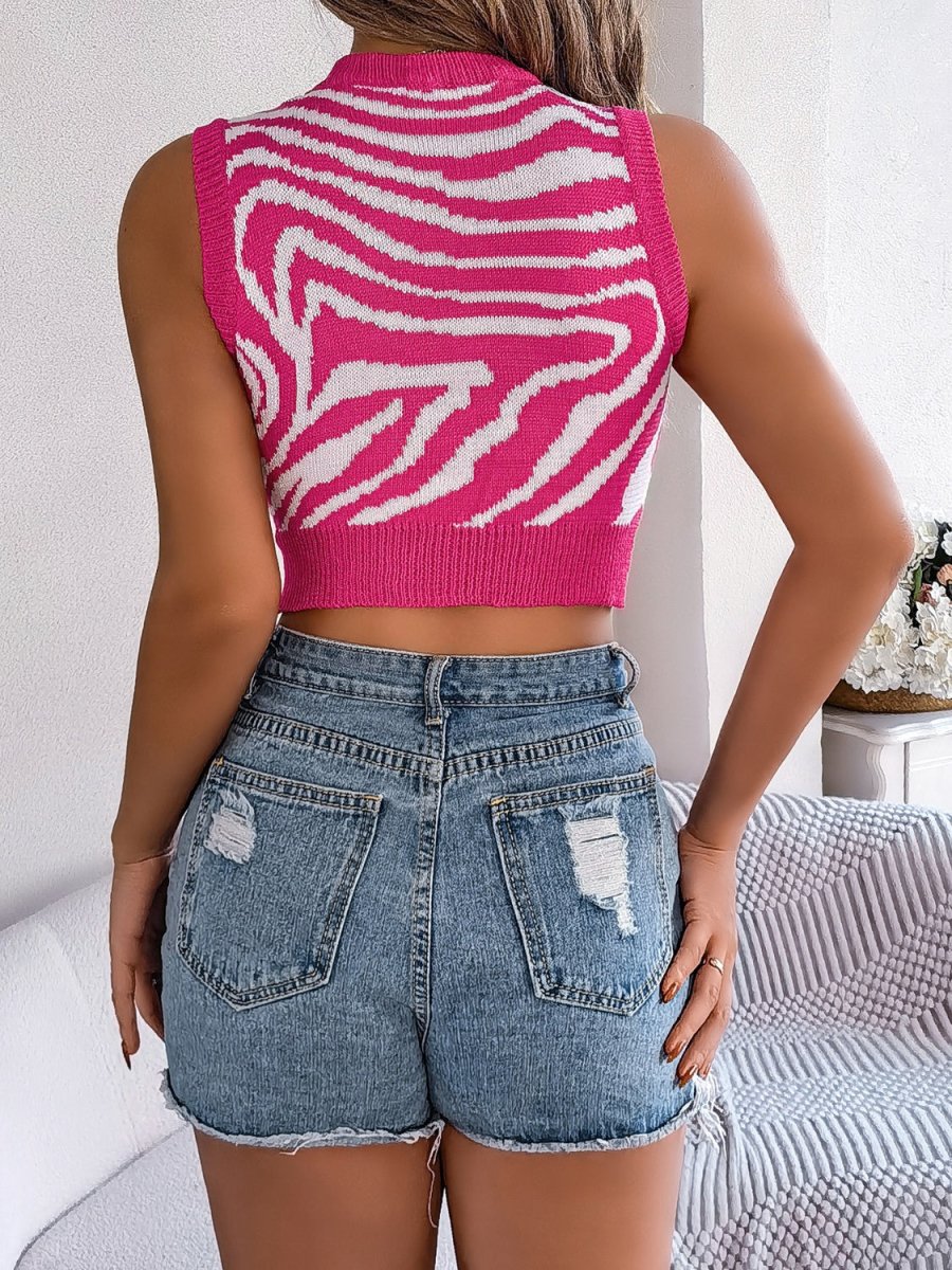 Cutout Animal Print Round Neck Tank - Top