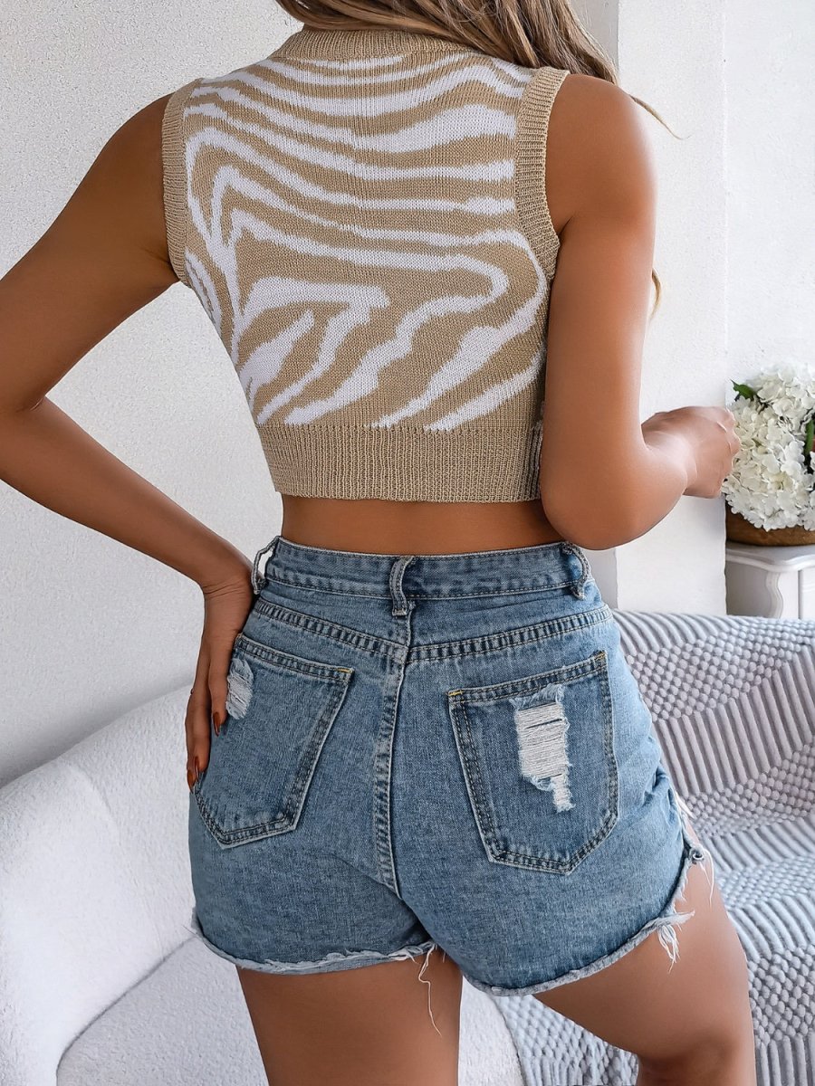 Cutout Animal Print Round Neck Tank - Top