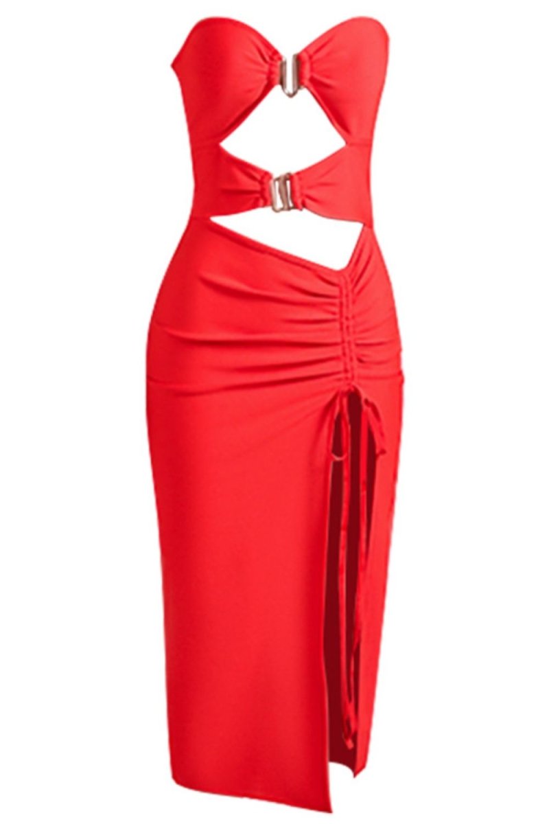 Cutout Strapless Drawstring Detail Split Bandage Dress - Cocktail Dress