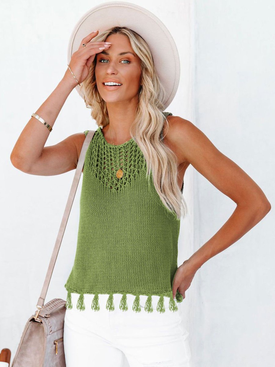 Cutout Tassel Round Neck Tank - Top