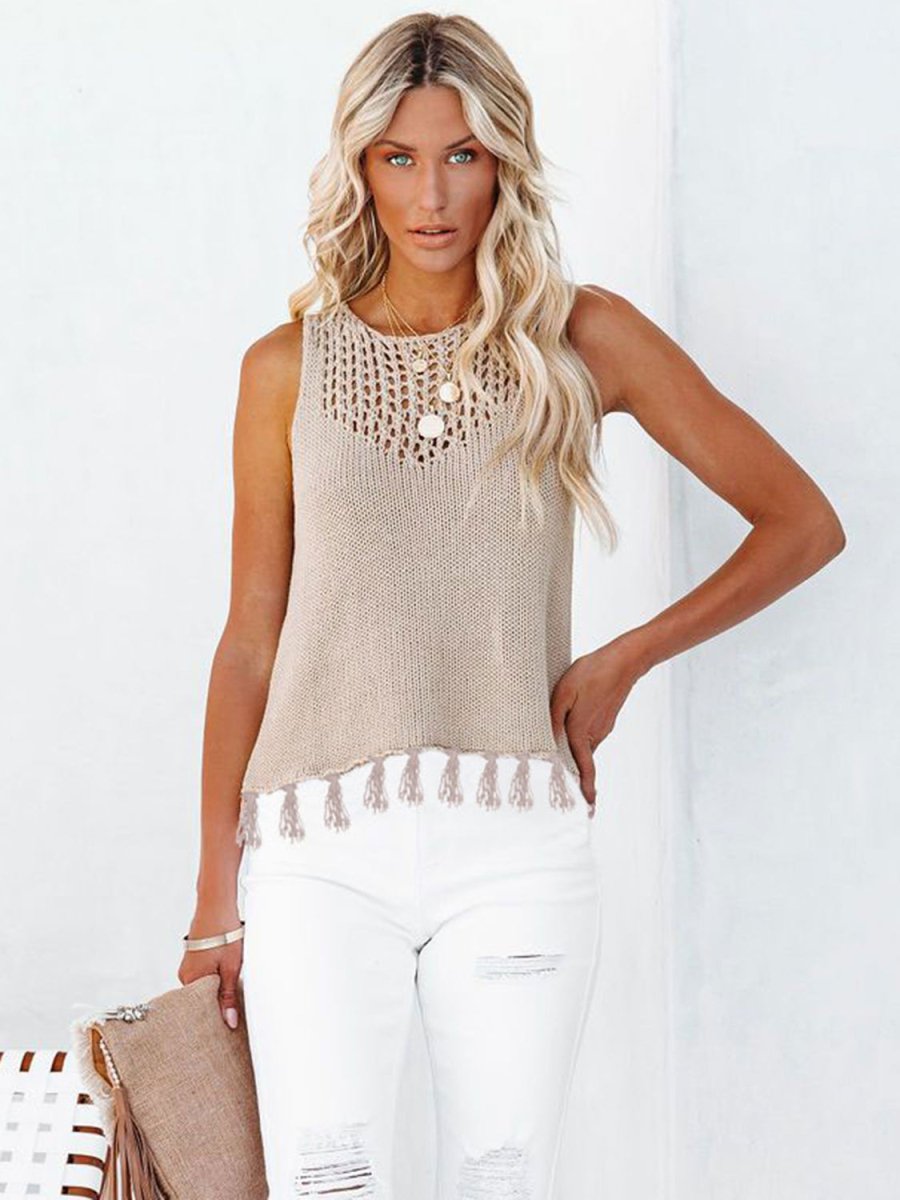 Cutout Tassel Round Neck Tank - Top