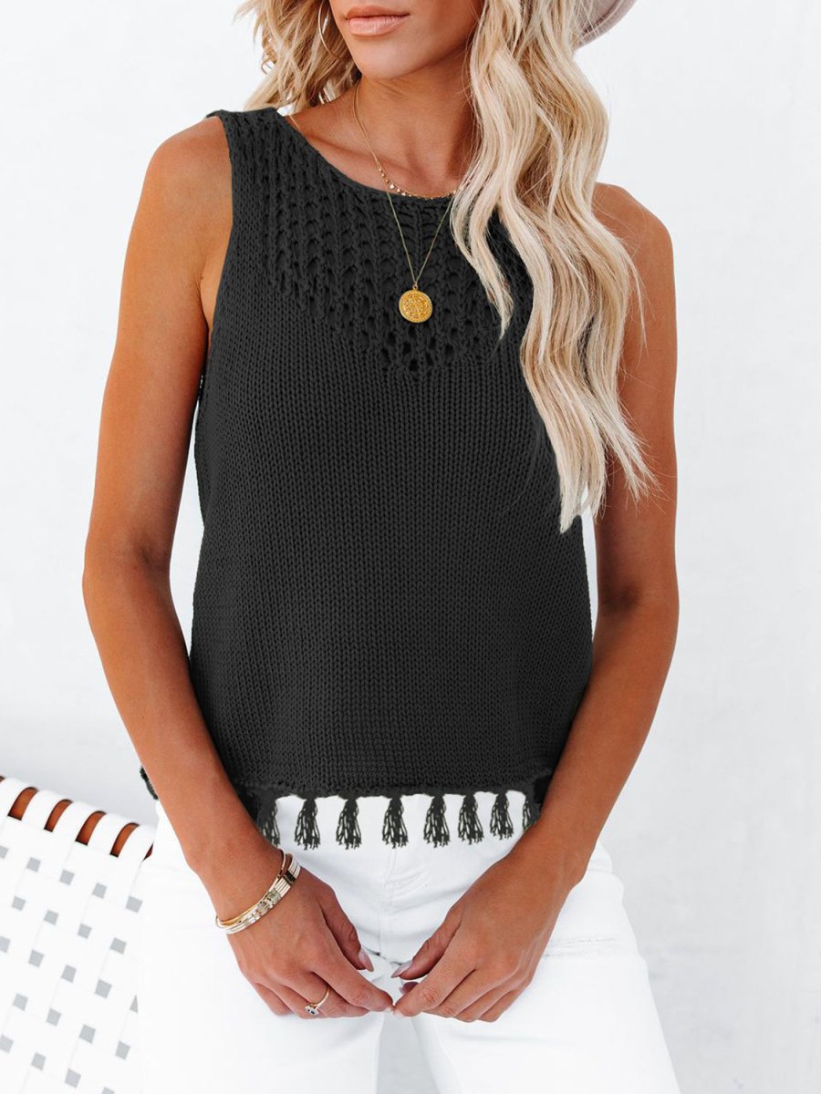Cutout Tassel Round Neck Tank - Top