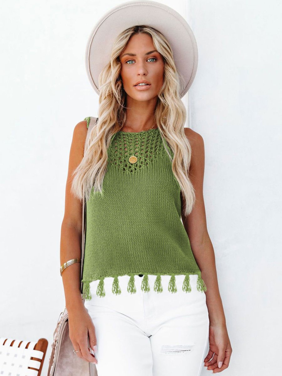 Cutout Tassel Round Neck Tank - Top