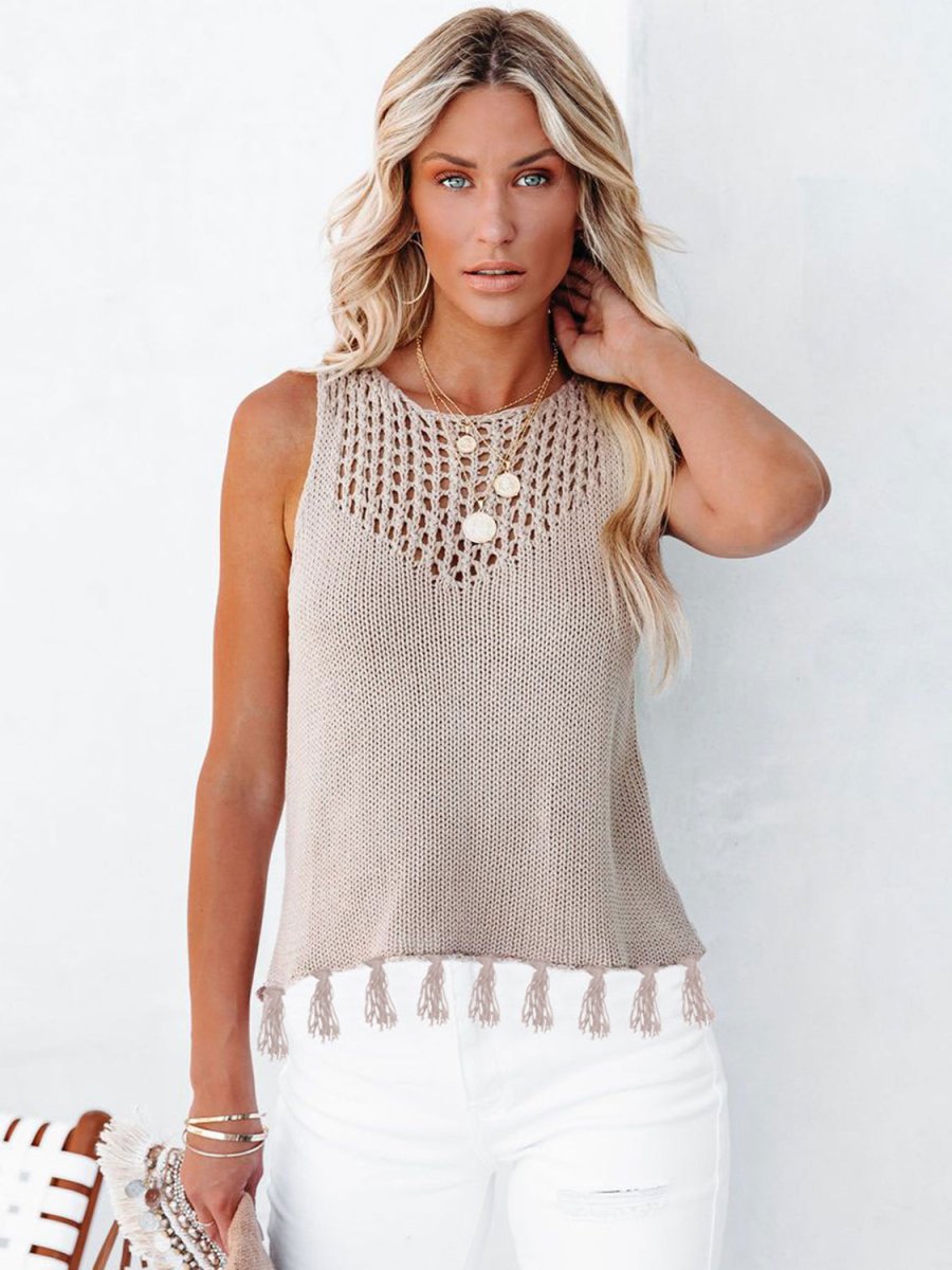Cutout Tassel Round Neck Tank - Top