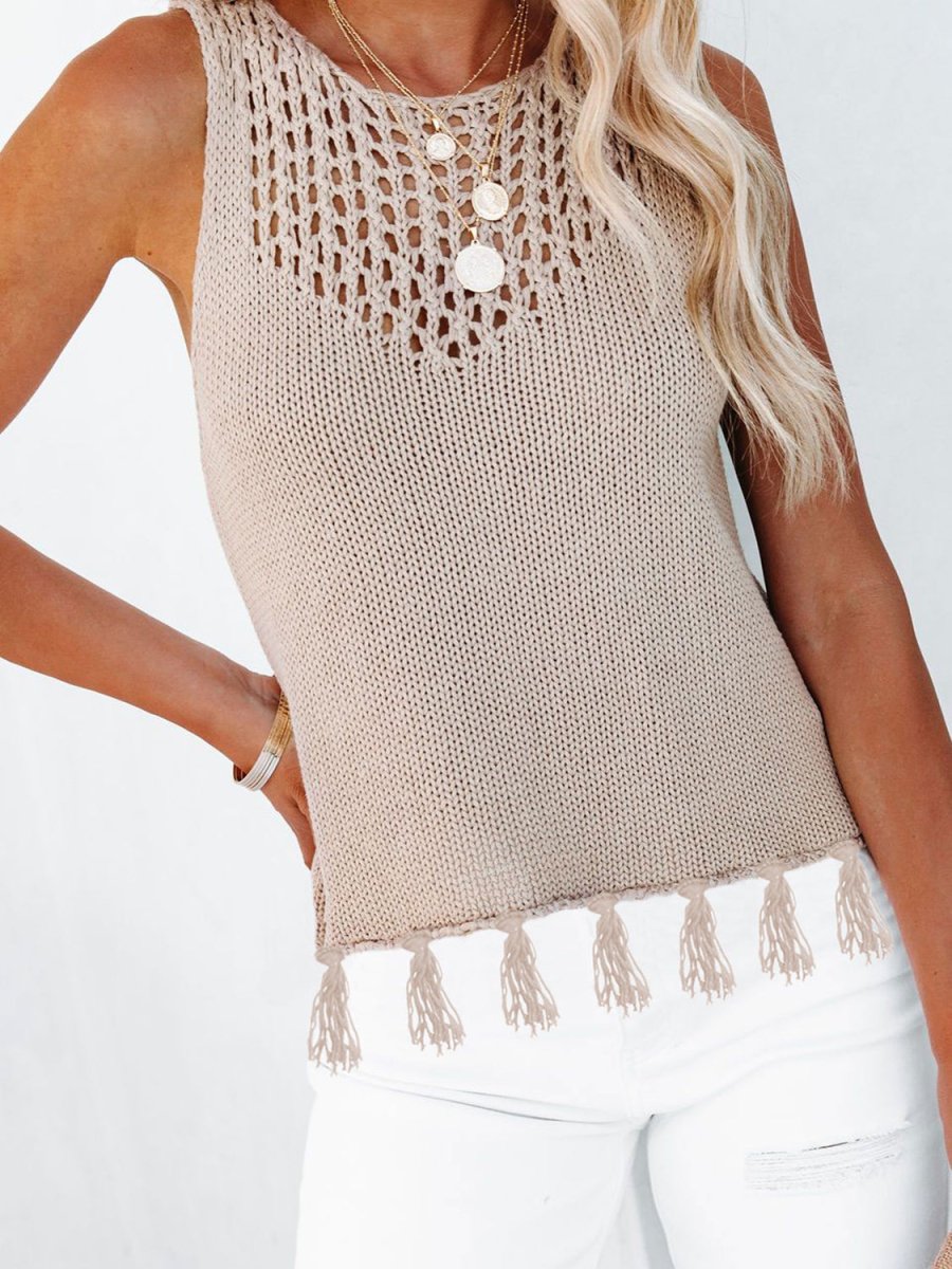 Cutout Tassel Round Neck Tank - Top