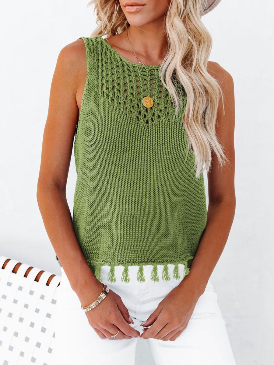 Cutout Tassel Round Neck Tank - Top
