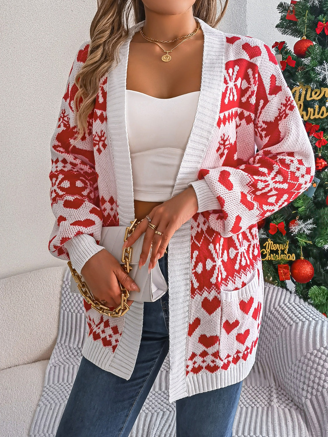 Pocketed Open Front Long Sleeve Cardigan