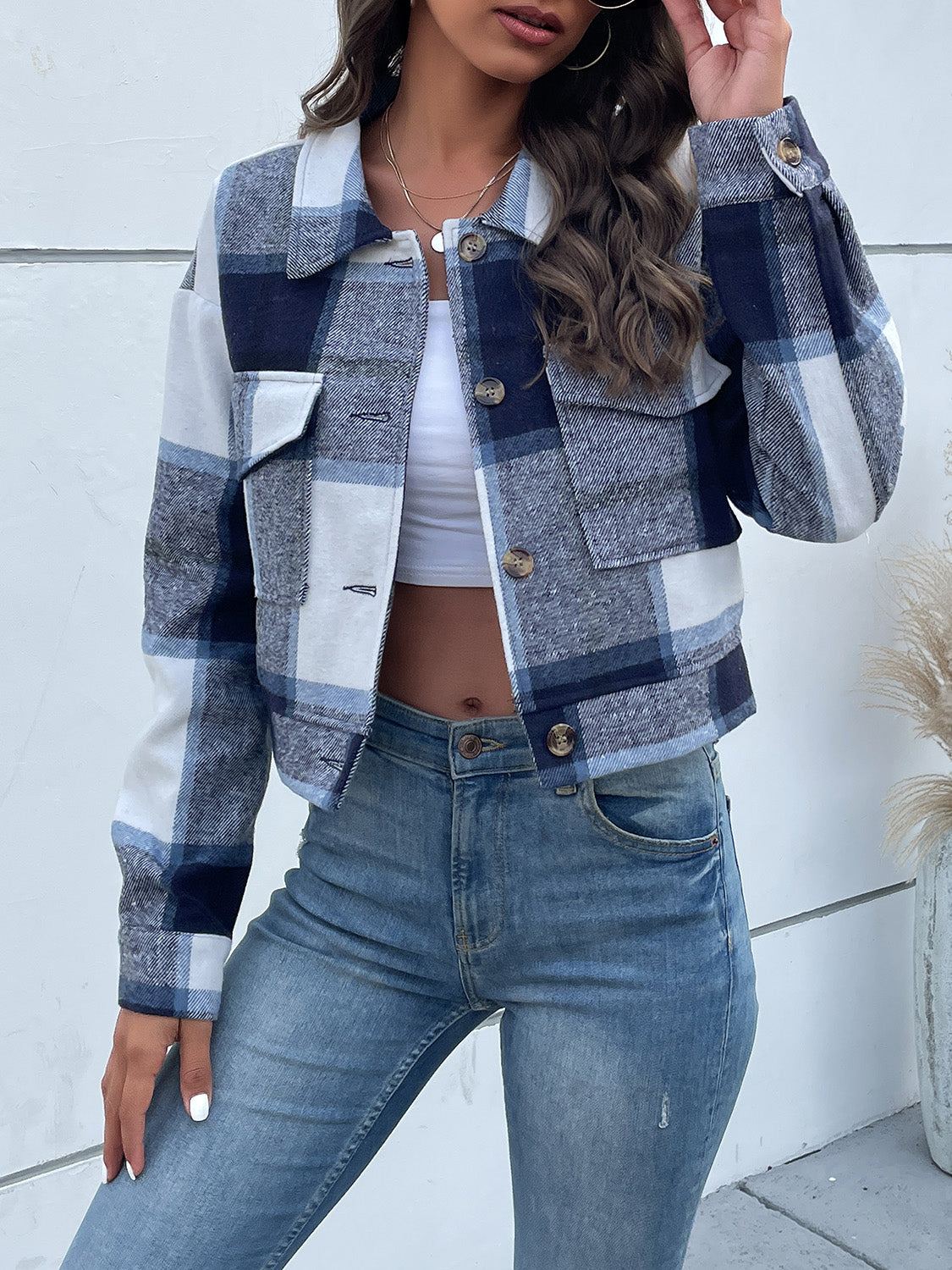 Perfee Plaid Button Up Drop Shoulder Cropped Jacket