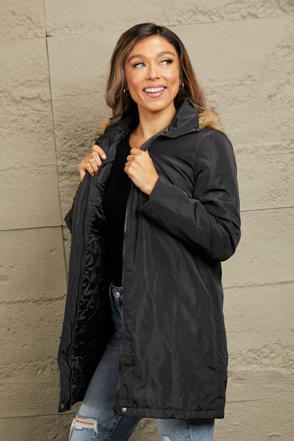 Ivy Lane Faux Fur Trim Hooded Puffer Jacket