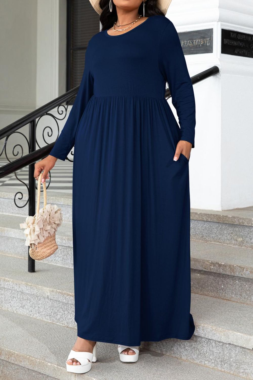 plus size round neck long sleeve maxi dress with pockets