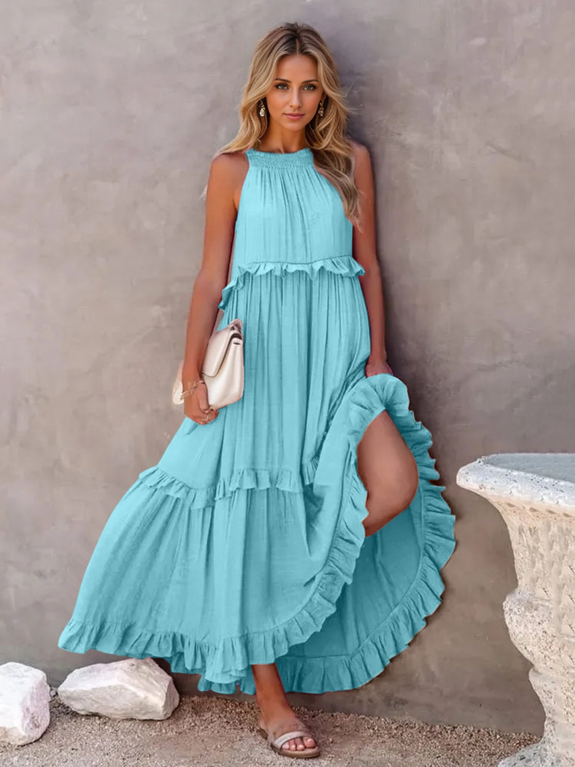 ruffled sleeveless tiered maxi dress with pockets