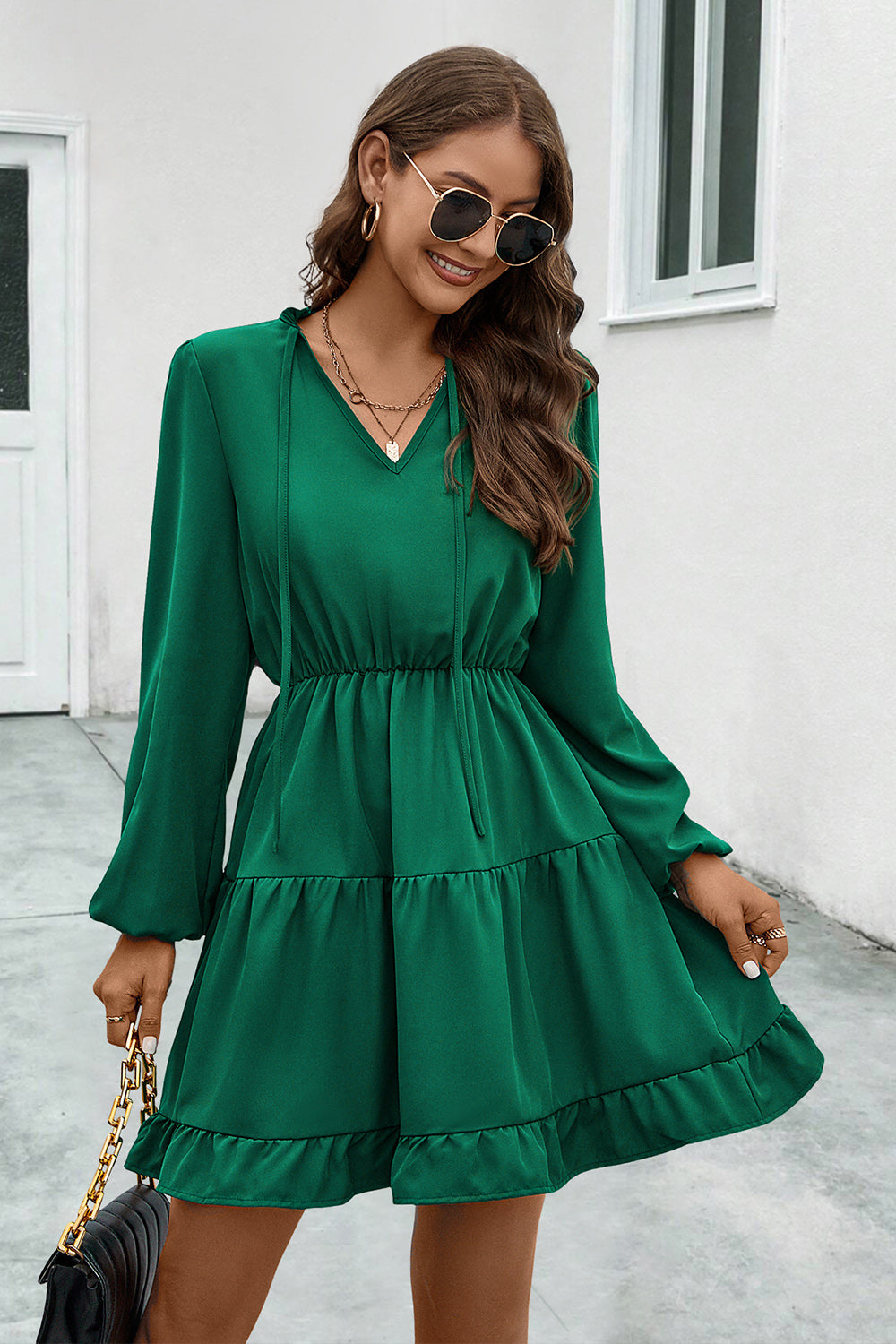 v-neck tie neck long sleeve dress