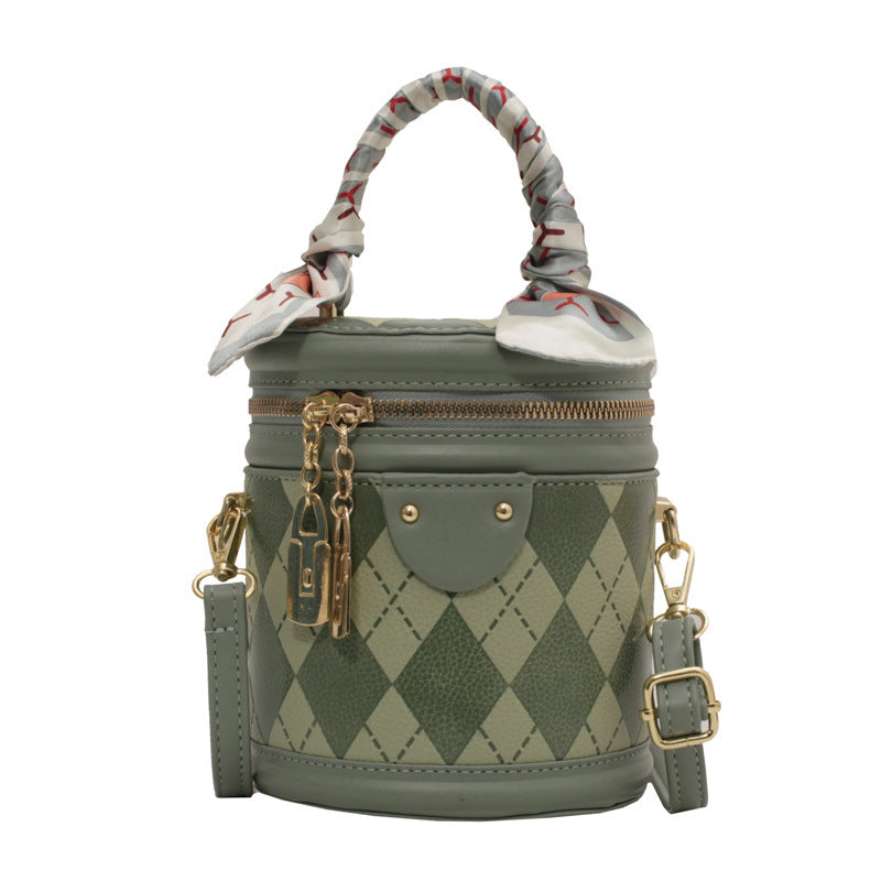 Round Bag Female Bag Ling Lattice Crossbody Bag Portable Bucket Bag Female