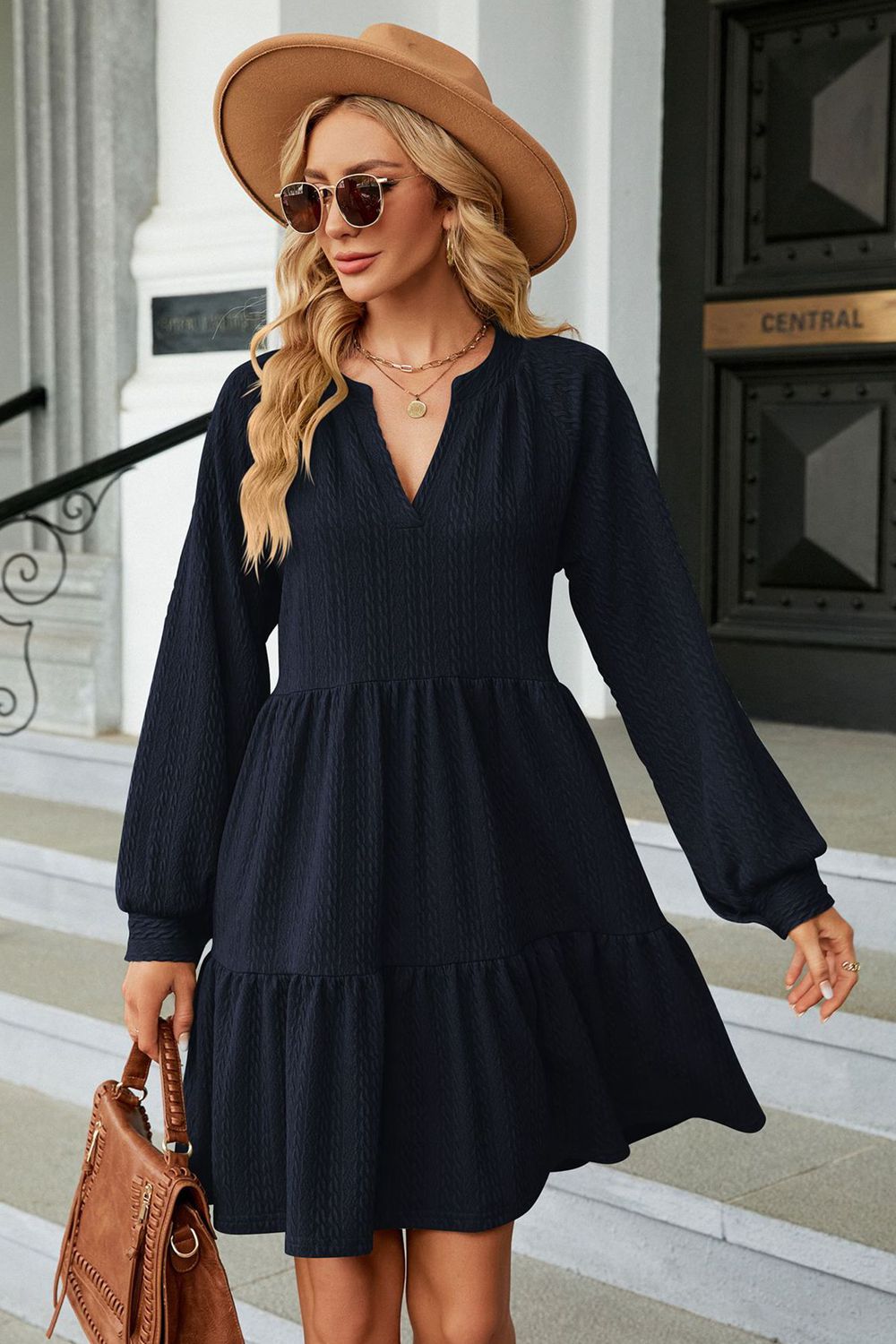 notched neck long sleeve mini dress