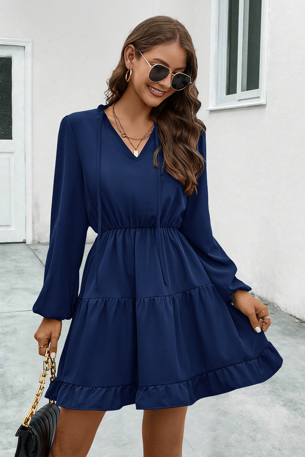 v-neck tie neck long sleeve dress