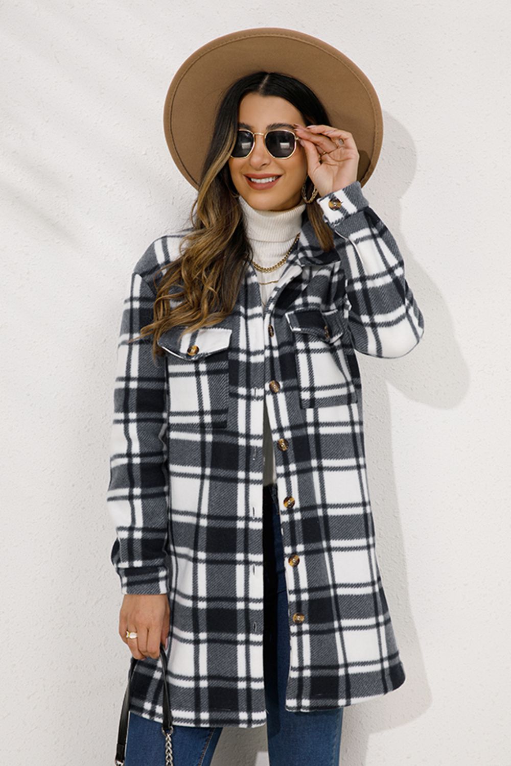 Shiny Plaid Collared Longline Coat