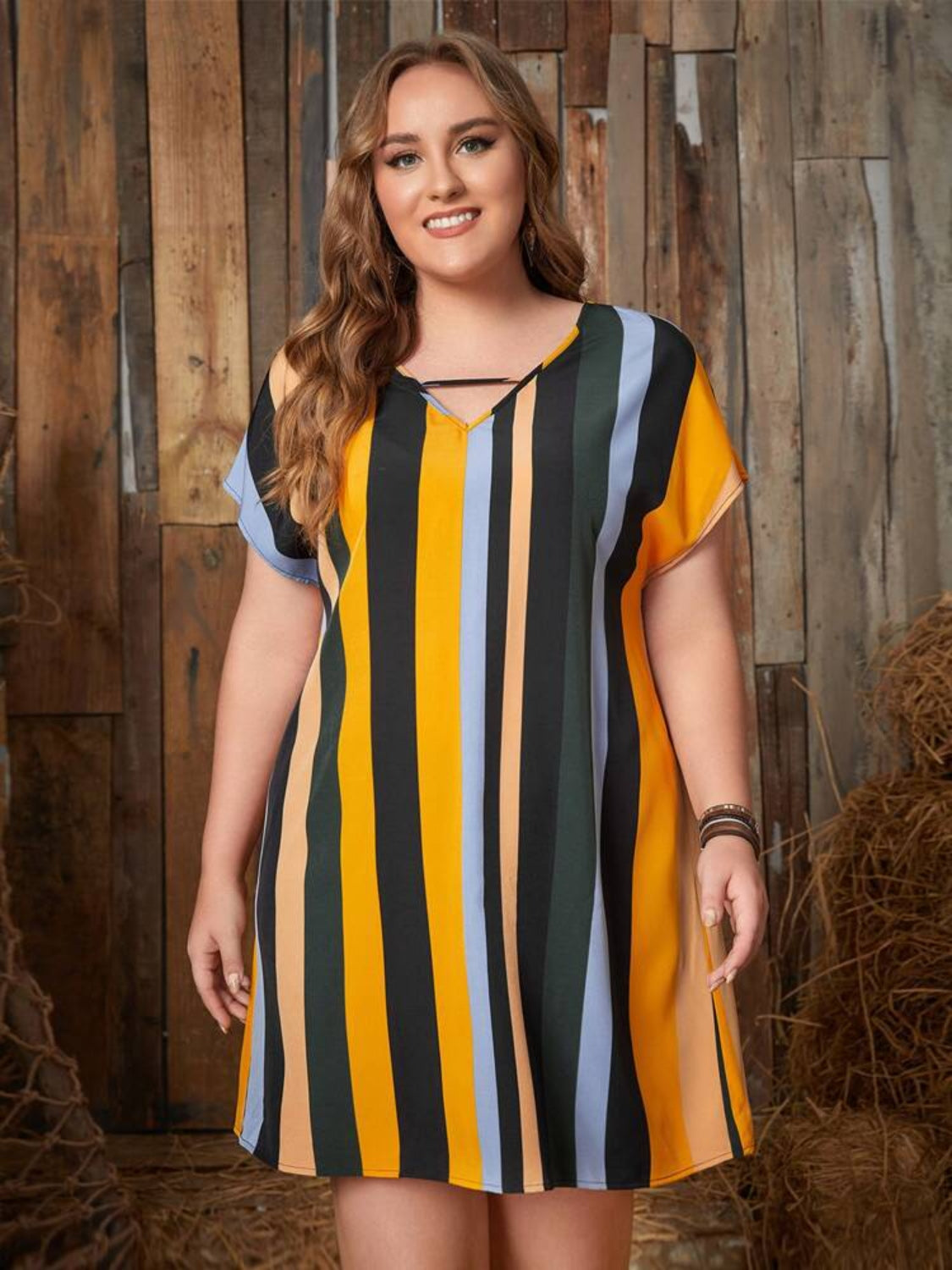 plus size striped short sleeve mini dress