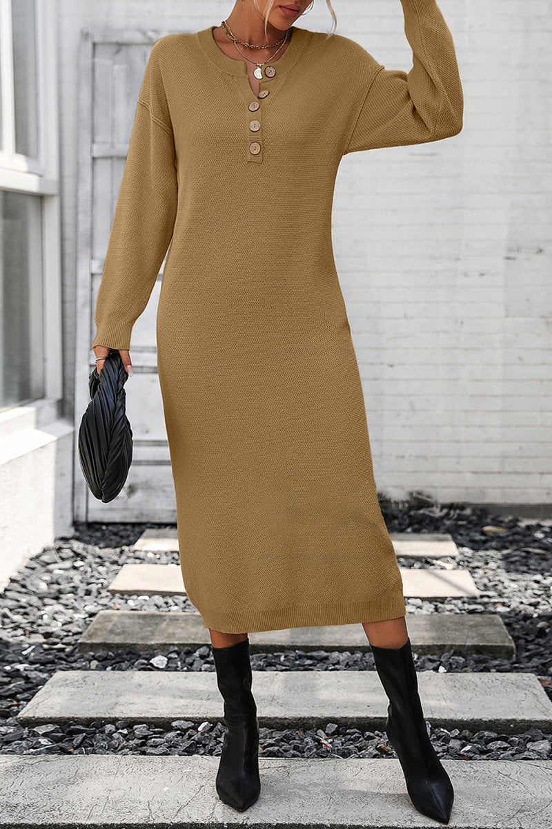 Decorative Button Notched Dropped Shoulder Sweater Dress - Sweater Dress