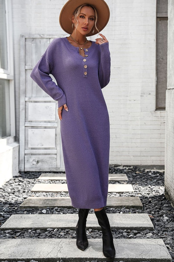 Decorative Button Notched Dropped Shoulder Sweater Dress - Sweater Dress