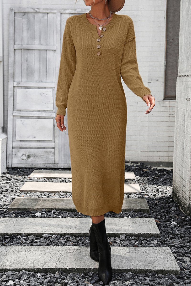 Decorative Button Notched Dropped Shoulder Sweater Dress - Sweater Dress