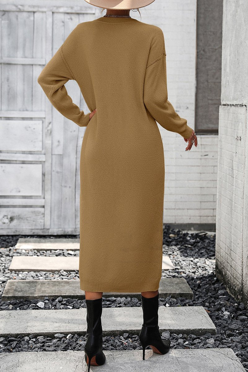Decorative Button Notched Dropped Shoulder Sweater Dress - Sweater Dress