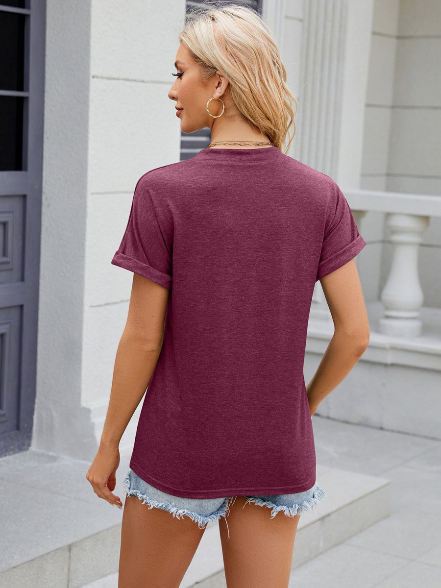 Decorative Button Notched Short Sleeve T-Shirt - Top