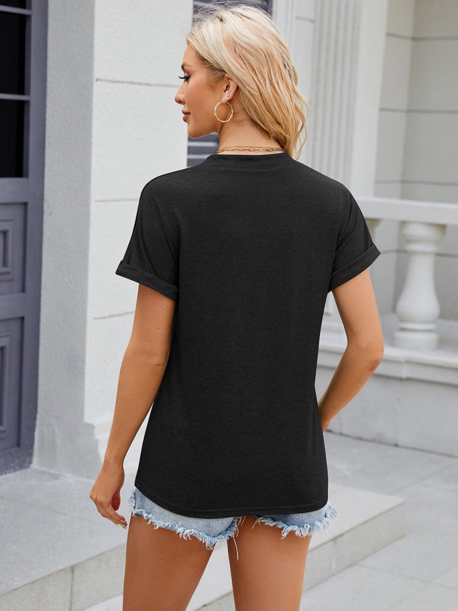 Decorative Button Notched Short Sleeve T-Shirt - Top