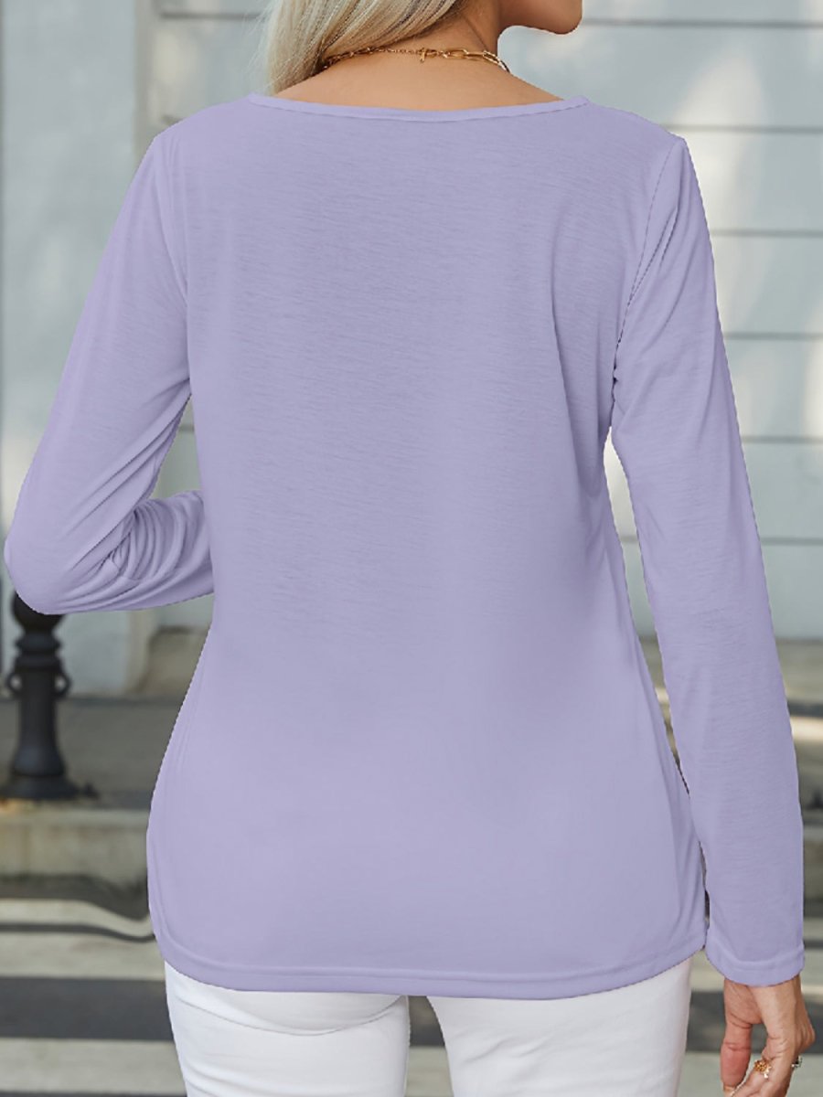Decorative Button Round Neck Long Sleeve T-Shirt - Top