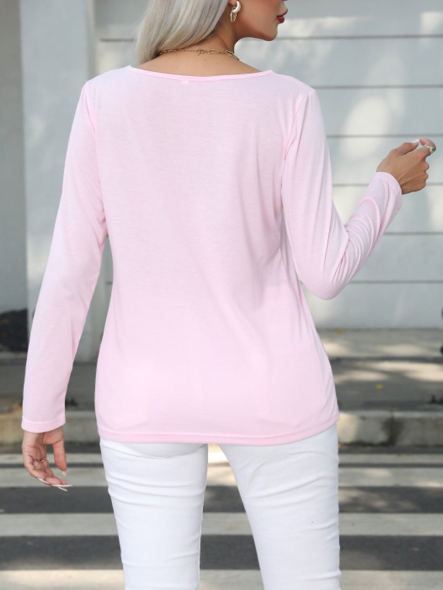 Decorative Button Round Neck Long Sleeve T-Shirt - Top