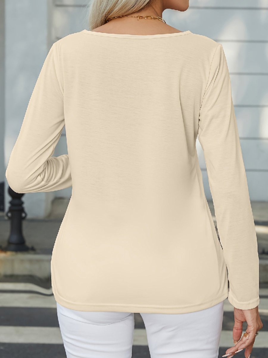 Decorative Button Round Neck Long Sleeve T-Shirt - Top