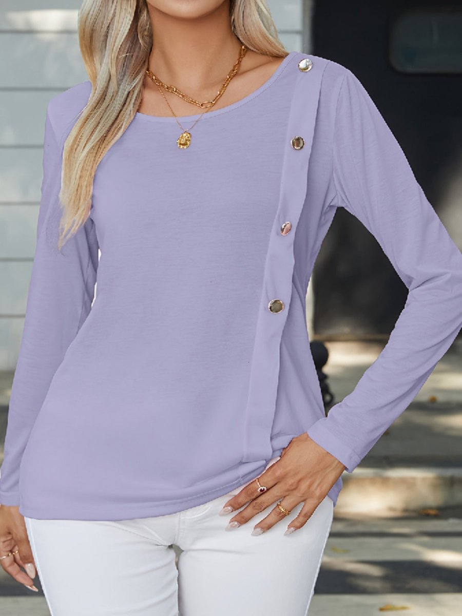 Decorative Button Round Neck Long Sleeve T-Shirt - Top