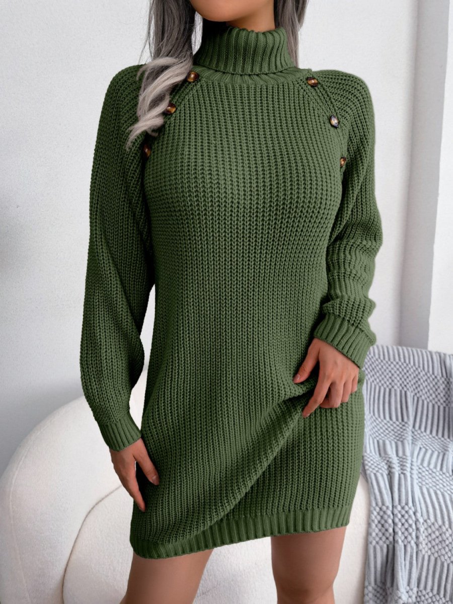 Decorative Button Turtleneck Sweater Dress - Sweater Dress