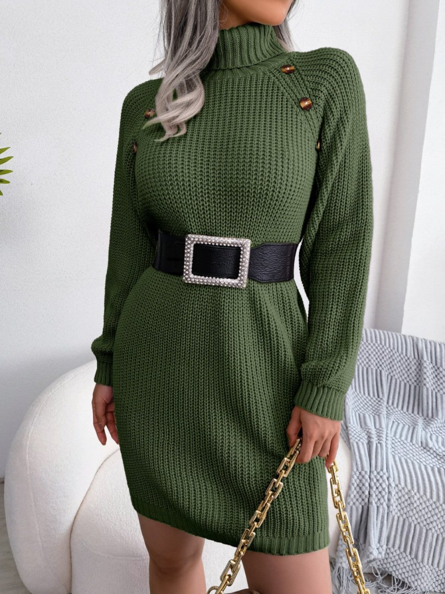 Decorative Button Turtleneck Sweater Dress - Sweater Dress