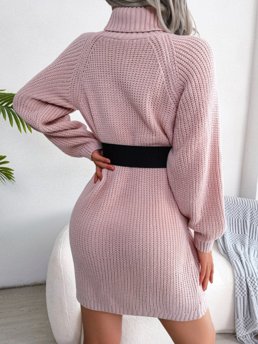 Decorative Button Turtleneck Sweater Dress - Sweater Dress