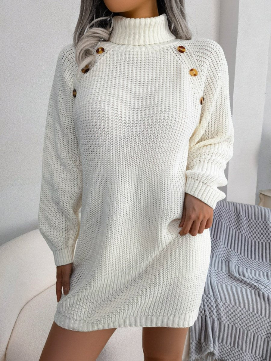 Decorative Button Turtleneck Sweater Dress - Sweater Dress
