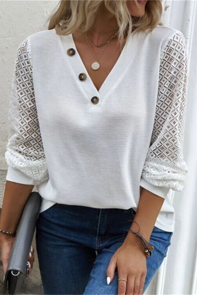 Decorative Button V - Neck Long Sleeve T-Shirt - Top