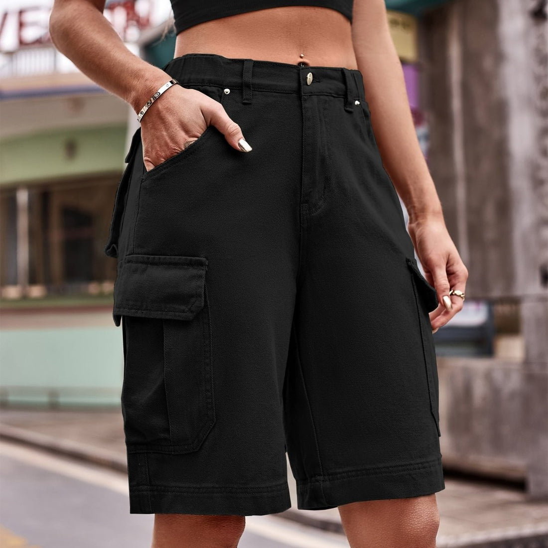 Denim Cargo Shorts with Pockets - Bottoms
