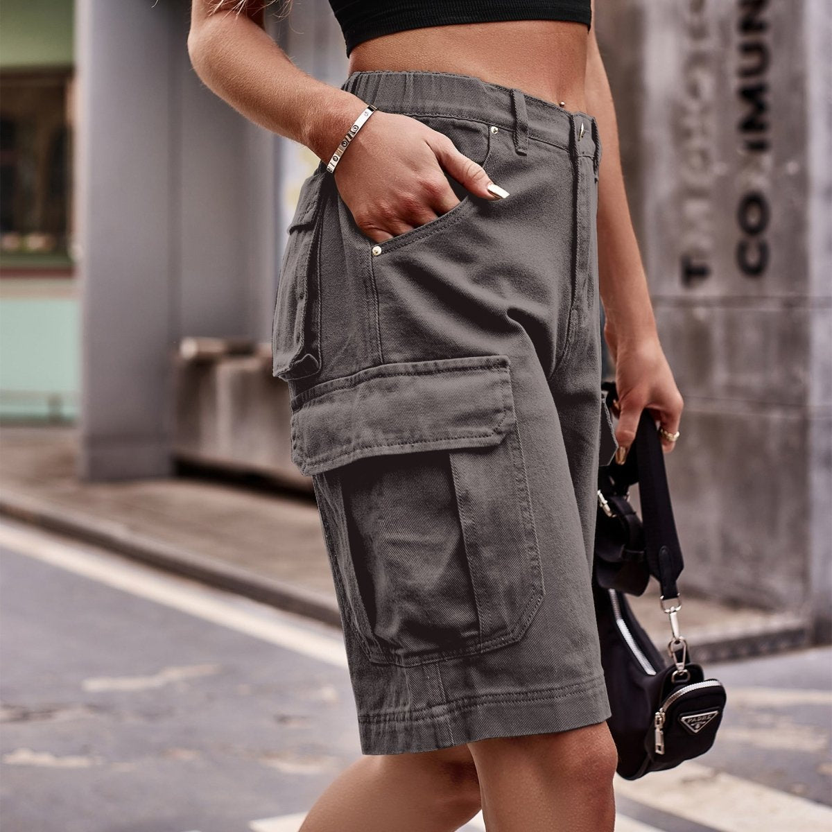 Denim Cargo Shorts with Pockets - Bottoms