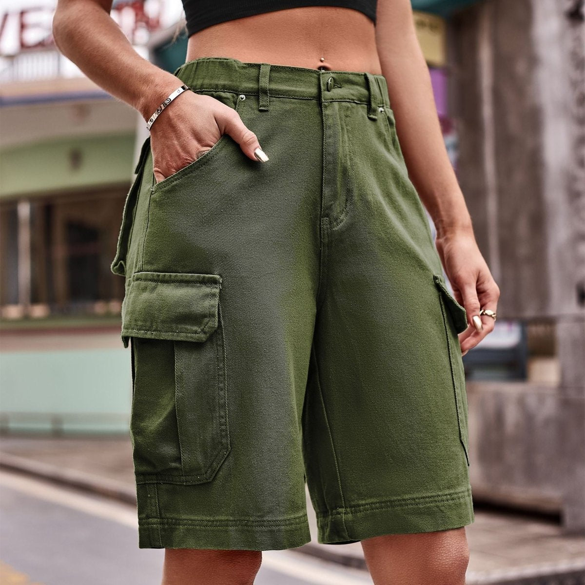 Denim Cargo Shorts with Pockets - Bottoms