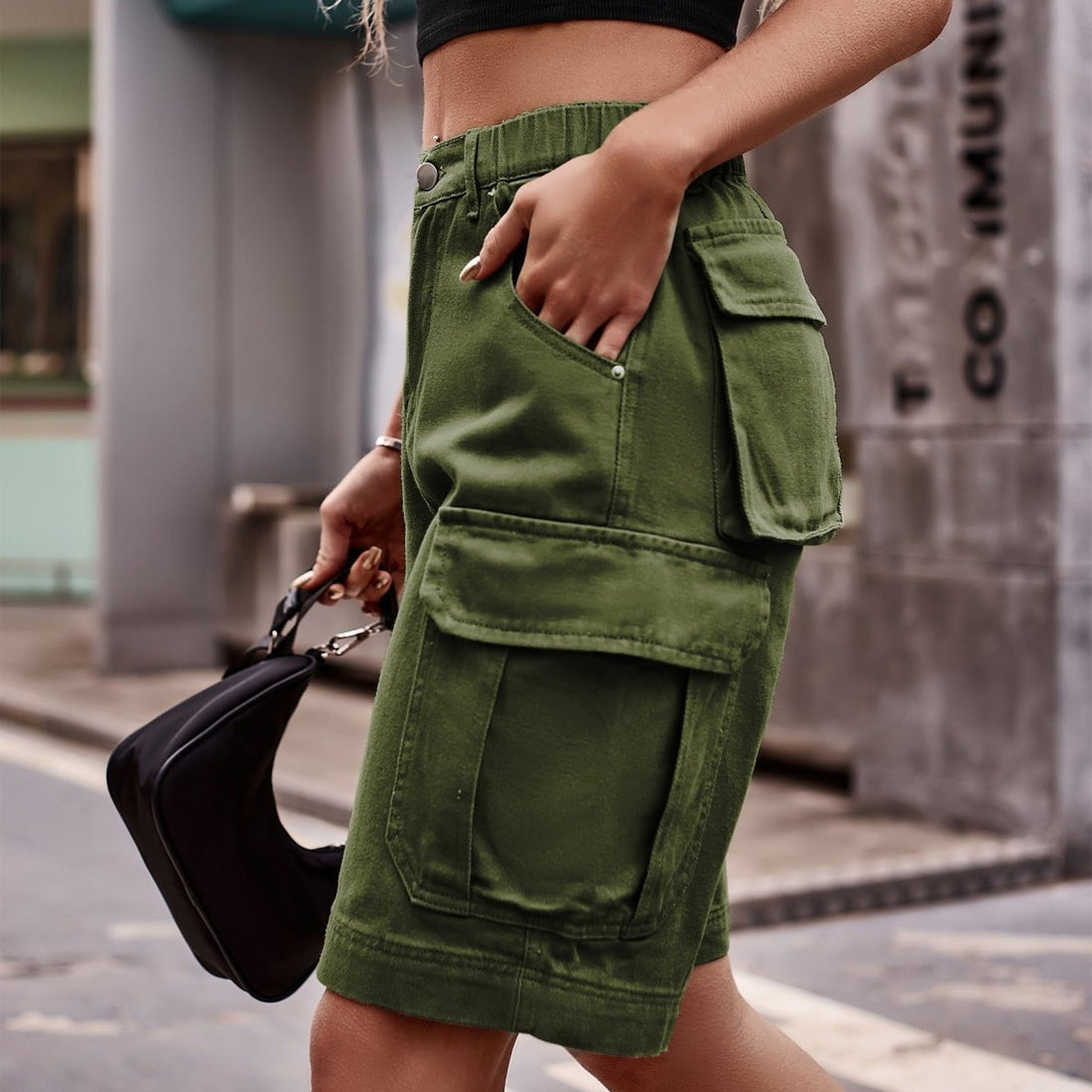 Denim Cargo Shorts with Pockets - Bottoms